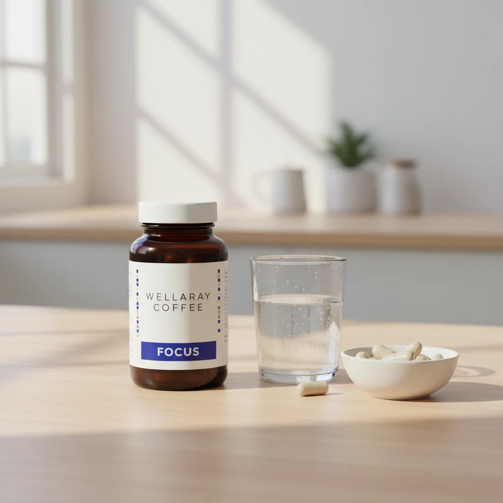 Wellaray Coffee Packung auf Holztisch mit Kaffeebohnen - Lifestyle-Flatlay