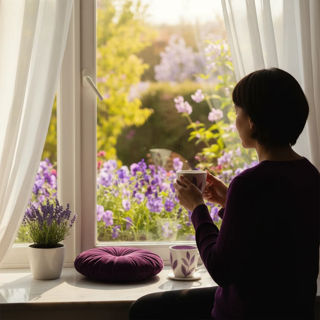 Anonyme Leserin am Fenster mit Kaffeetasse